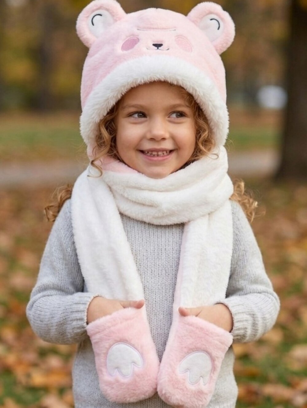 Pink White Plush Bear Hat Scarf Mittens 3 in 1 Hooded Pocket Scarf OS One Size